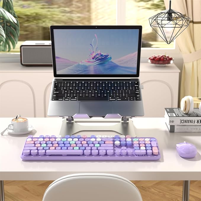 MPTOG Colorful Wireless Computer Keyboard and Mouse Combo with Round Typewriter Keycaps, Retro Design, Power Switch, Ergonomic Design, 2.4GHz Wireless for Windows, Mac, PC(Purple-Colorful)