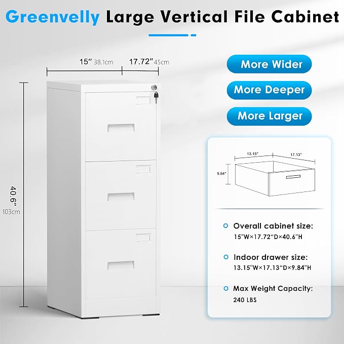 Pataku 3 Drawer File Cabinet with Lock, Sturdy Metal Vertical Filing Cabinets for Home Office, Under Desk Paperwork Storage Fully Extendable Slides Letter Legal A4 Size 18x15x41 Inches, White