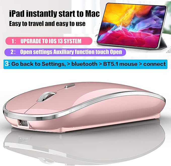 Wireless Bluetooth Mouse for iPad pro iPad Air Mac MacBook Pro MacBook Air Laptop iMac Chromebook Win8/10/11 HP DELL PC (Pink)