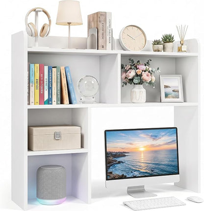 SUPER DEAL Desktop Bookshelf, Countertop Storage Hutch with 3 Shelves for Computer Desk, 2-Tier Display Rack, Multipurpose Wood Desk Hutch Storage Organizer for Home Office Dorm, White
