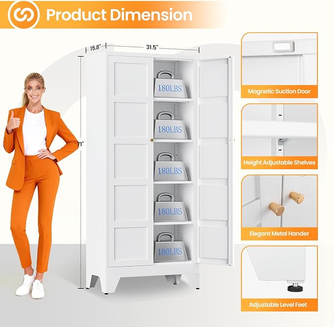 71" Tall Kitchen Cabinet Storage Unit With 2 Doors and 4 Adjustable Shelves, Metal White Freestanding Cupboard, 5 Tier Kitchen Pantry Storage Cabinet for Kitchen Dining/Living Room/Garage/Home/Office