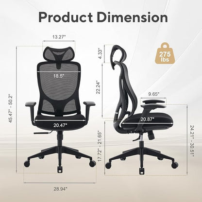 Nouhaus Apertura Ergonomic Office Chair, Home Office Desk Chairs w/Adjustable Lumbar Support & Headrest, Dynamic Back Support, 3D Armrests, High Back Mesh Comfy Computer Chair for Long Hours (Black)