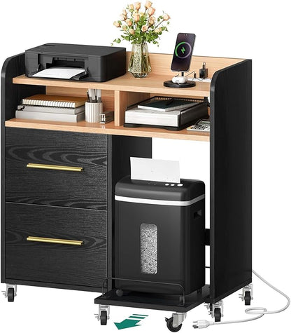 YITAHOME File Cabinet with Charging Station, Printer Table Cabinet for Home Office, Printer Stand Cart, Fits A4, Letter, Legal Size Files, Office Furniture, Black