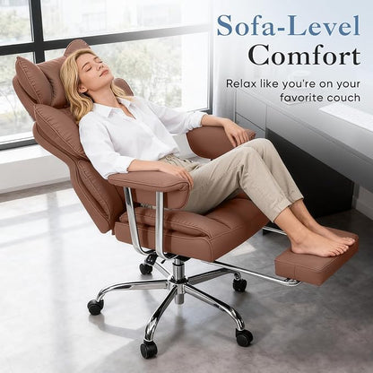 DUMOS Big and Tall Office Chair 400 LBS, Scratch-Resistant PU Leather Executive Office Desk Chair with Footrest, Ergonomic Reclining Computer Chairs with Pocket Spring Support, Brown