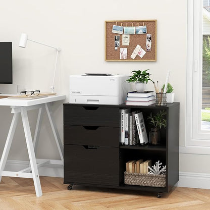 3 Drawer File Cabinet, Wood Lateral Filing Cabinet for Hanging Letter, A4, Legal Size, Rolling Printer Stand with Adjustable Shelf, Under Desk Storage for Home Office (Black)