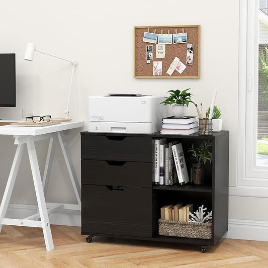3 Drawer File Cabinet, Wood Lateral Filing Cabinet for Hanging Letter, A4, Legal Size, Rolling Printer Stand with Adjustable Shelf, Under Desk Storage for Home Office (Black)