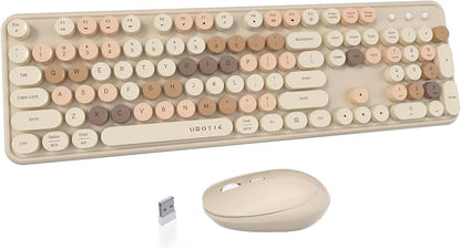 UBOTIE Colorful Wireless Keyboard and Mouse Combos, Retro Typewriter Floating Flexible Full-Sized Keys Computer Keyboard with Optical Mouse, 2.4GHz USB Connection for Windows Mac (Milk Tea -Colorful)