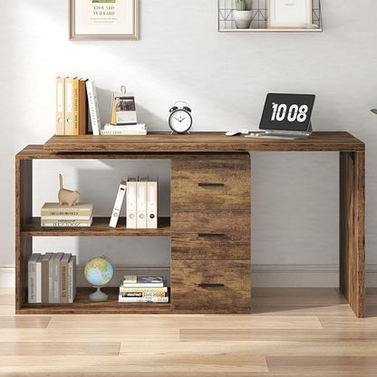 HSH L Shape Home Office Desk with Drawers, L-Shaped Computer Desk with Storage Cabinet Shelves, Wood Executive Desk for Writing Work, Reversible Study Table in Bedroom Living Room, Rustic Brown, 55 In