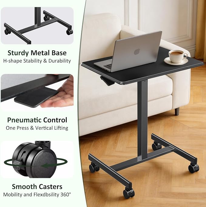 Adjustable Mobile Standing Desk, Rolling Sit-Stand Laptop Desk with Locking Wheels, Compact Portable Computer Table for Home Office or Dorm, Black