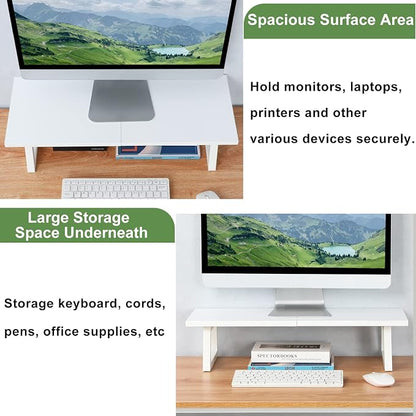 TEAMIX 24 inch Monitor Stand Riser, White Wood & Steel Computer Monitor Stand with Storage, Laptop, PC, Printer Stand Riser for Desktop Office Desk Organizers