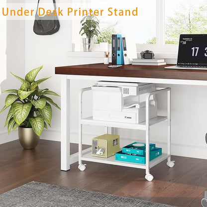21"x15.8" Large Printer Stand with Storage, 2-Tier Under Desk Printer Table, Rolling Printer Cart with Lockable Wheels for Home, Office (White)