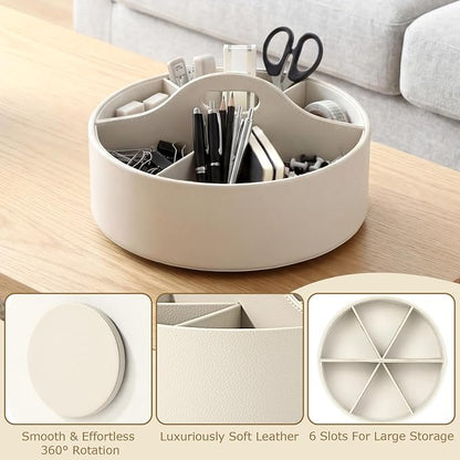 360° Rotating Leather Desk Storage Organizer with 6 Slots and Handle Extra-large Pen Holder Spinning Pencil Storage Lazy Susan Organizer Office Desk Supplies Marker, Art Supply (Beige)