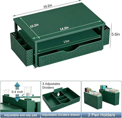 Spacrea Desk Organizer and Accessories, Computer Monitor Stand Riser with Drawer and 2 Pen Holders, Office Desk Accessories & Workspace Organizers for Office Supplies (Dark Green)