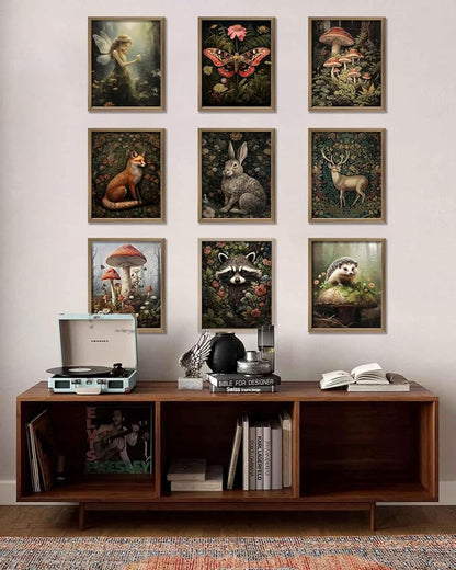 Dark Cottagecore Room Decor Aesthetic, Cottagecore Core Wall Decor, Forest Botanical Wall Art Canvas Prints, Fairycore Decor, Nature Mushroom Posters Vintage Animal Pictures for Bedroom, UNFRAMED