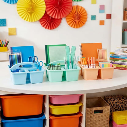 Kathfly 18 Pack Classroom Caddy Organizer with Handle, Plastic Art Craft Cleaning Caddy Bulk, Small Multipurpose Supply Organization Storage Basket for Table Desk Office Pencil Teacher (Morandi Color)