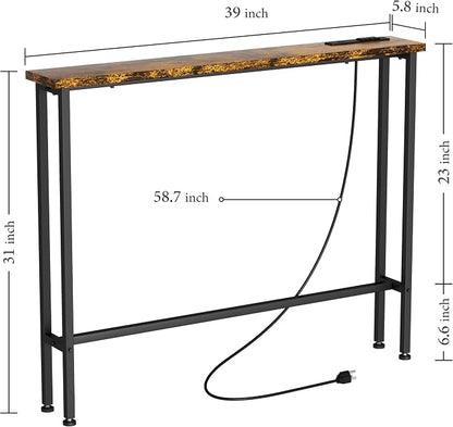 GRLEAF 39" Narrow Console Sofa Table with Built-in Power Strip (2 AC Outlets & 2 USB Ports) – 4.9ft Power Cord, Metal Frame, Easy Assembly, Ideal for Behind Couch, Hallway, and Office | Rustic Brown