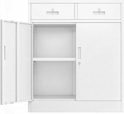 BESFUR Metal Storage Cabinet, Garage Storage Cabinet with 2 Drawers and Adjustable Shelf, Locking Short Storage Cabinet for Office Garage Home, White Metal Cabinets(36" H x 31.5" W x 16" D)