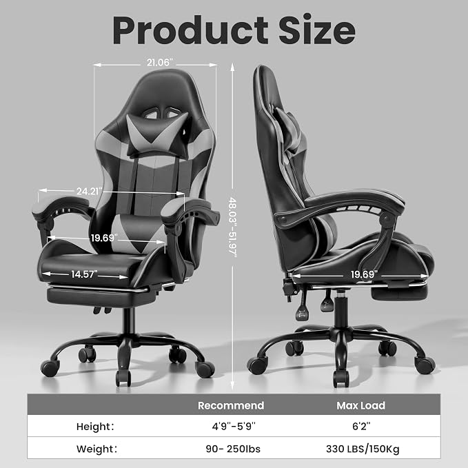 Gaming Chair, Ergonomic Computer Chair with Footrest and Lumbar Support, Height Adjustable Office Chair with 360° Swivel Seat and Headrest (Black & Grey)