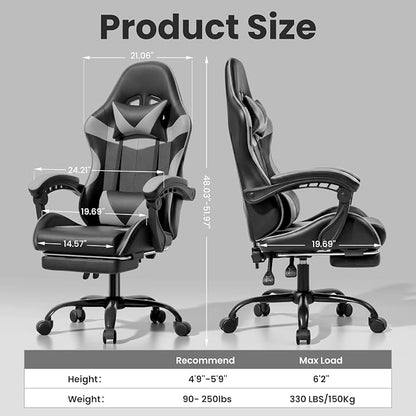 Gaming Chair, Ergonomic Computer Chair with Footrest and Lumbar Support, Height Adjustable Office Chair with 360° Swivel Seat and Headrest (Black & Grey)