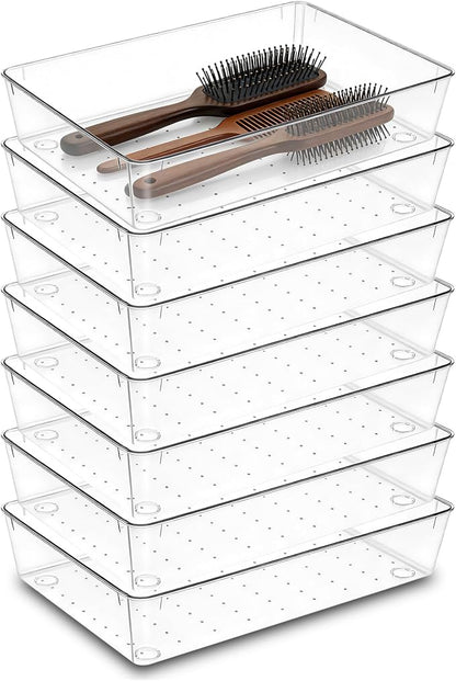 7Pack Desk Drawer Organizers, 6"*9" makeup acrylic drawer organizer trays for vanity, bathroom, office, nightstand, junk for kitchen drawer, Versatile plastic drawer divider storage bins