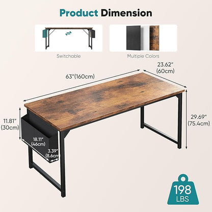 OLIXIS 63 Inch Computer Desk for Home Office, Writing Study Craft Gaming Table, Modern Computer Workstation with Storage Bag and Headphone Hook for Bedroom Small Spaces, Rustic Brown