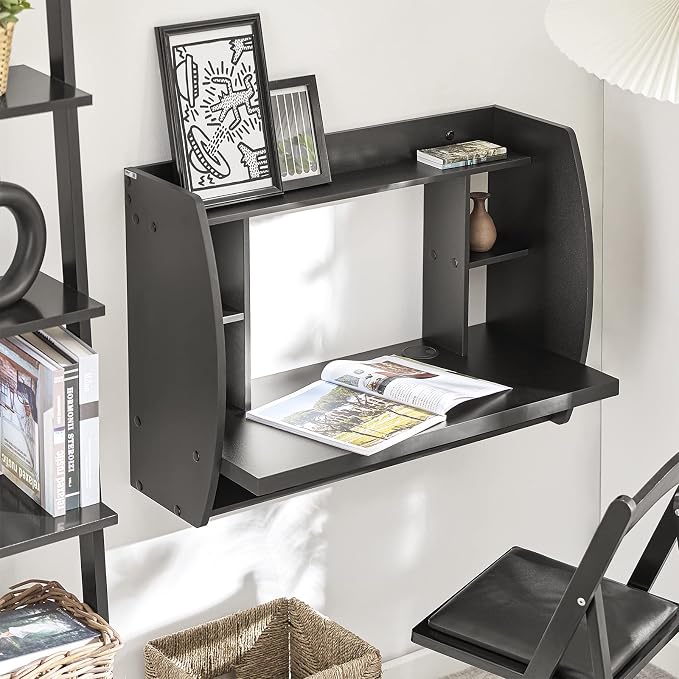 Haotian SoBuy Wall Mounted Folding Table Home Office Workstation Computer Desk with Storage Shelves Trestle Desk, Black FWT18-SCH