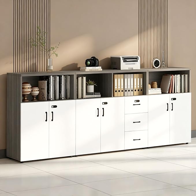 File Cabinet with Password Lock, Wood Lateral Filing Cabinet for Letter/A4 Files, 3 Drawer with Door, Printer Stand with Open Shelves for Home Office