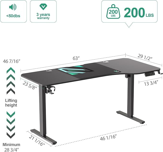JWX Dual Motor L Shaped Standing Desk 63”, Electric Height Adjustable Gaming Desk with Memory Presets, Child Lock, Sit Stand Reminder, Carbon Fiber Desktop, Cable Management, Cup Holder