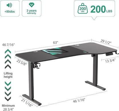 JWX Dual Motor L Shaped Standing Desk 63”, Electric Height Adjustable Gaming Desk with Memory Presets, Child Lock, Sit Stand Reminder, Carbon Fiber Desktop, Cable Management, Cup Holder