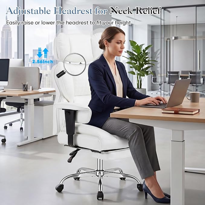 DUMOS Big and Tall Home Office Desk Chair, Ergonomic Executive Chair with Footrest, Computer Gaming Chairs with High Back Reclining, Adjustable Armrests and Comfy Lumbar Support, PU Leather, White