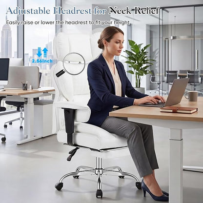 DUMOS Big and Tall Home Office Desk Chair, Ergonomic Executive Chair with Footrest, Computer Gaming Chairs with High Back Reclining, Adjustable Armrests and Comfy Lumbar Support, PU Leather, White