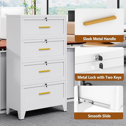 Metal Lateral File Cabinet with Lock,4 Drawer Steel Wide Filing Organization Storage Cabinets for Legal/Letter/A4/F4 Size with Hanging Files&Key,Lockable Printer Stand for Home Office, White