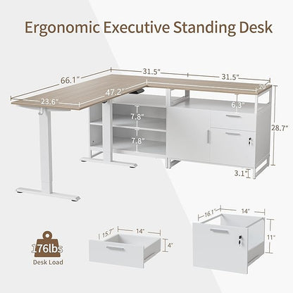 FEZIBO 66 Inches L Shaped Standing Desk with Drawers & Shelves, Executive Desk Adjustable Height Desk, Light Walnut Top/White Frame