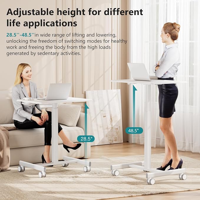 DUMOS Mobile Rolling Desk with Wheels Adjustable Height Small Standing Desks Portable Laptop PC Table Computer Workstation for Home Office Small Space White