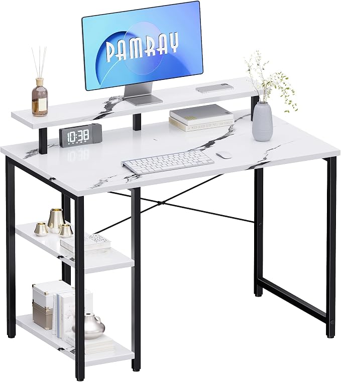 Pamray 33.5 Inch Small Computer Desk with Monitor Stand and Shelves | Sturdy, Space-Saving, Easy Assemblely, Suitable for Bedroom, Office, Apartment and Dorm, Used for Writing and Studying