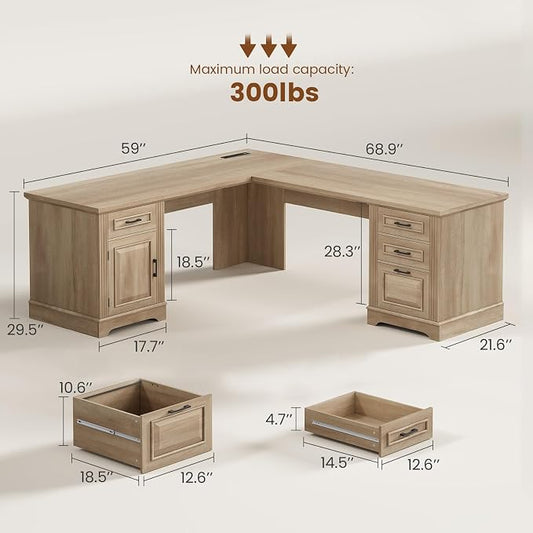 Itaar Farmhouse L Shaped Desk, Executive Computer Desk with Drawers and Storage Cabinet, Home Office Desk with File Drawer and Power Outlet, Corner Desk, Workstation for Office Home, Oak