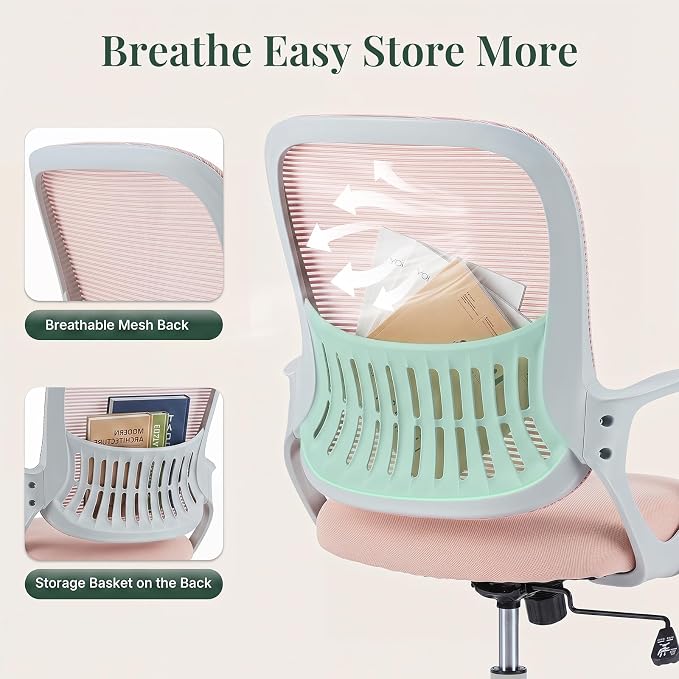 Home Office Desk Chair, Ergonomic Mid-Back Mesh Computer Task Chair with Comfortable Lumbar Support, Height Adjustable Swivel with Fixed Armrest for Adults, Student, Pink