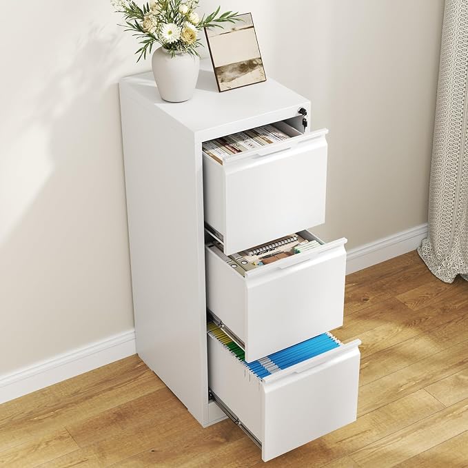 3 Drawer File Cabinet with Lock,Metal Vertical Filing Cabinets for Home Office,Heavy Duty File Storage Cabinet for Letter/Legal/A4/F4 Size File,Easy to Assemble,White