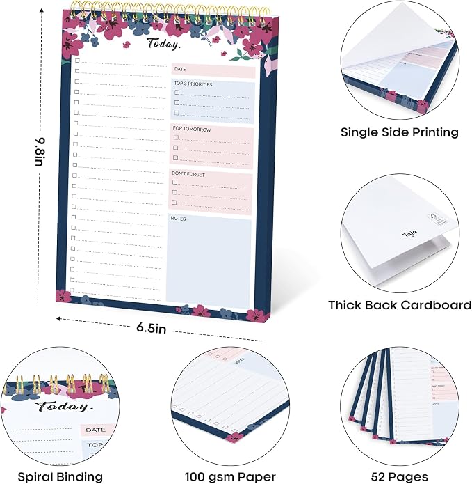Taja To Do List Notepad - To Do List Notebook for Work with 52 Sheets, 9.8" x 6.5", Undated Daily Planner Perfect for Daily Tasks and Goal Setting, Notepad Suitable for Office, Home & School - Twilight Petals