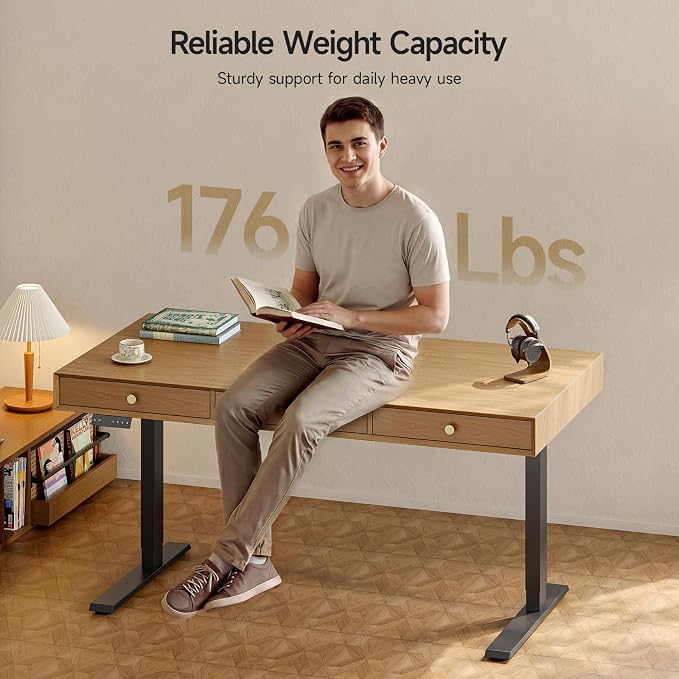 Electric Standing Desk with 3 Drawers, 55 x 24 Inch Height Adjustable Stand up Desk with Storage and Widened Legs, Retro Home Office Desks with Memory Controller for Computer Workstation, Oak Brown