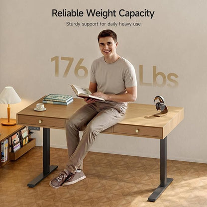 Electric Standing Desk with 3 Drawers, 55 x 24 Inch Height Adjustable Stand up Desk with Storage and Widened Legs, Retro Home Office Desks with Memory Controller for Computer Workstation, Oak Brown