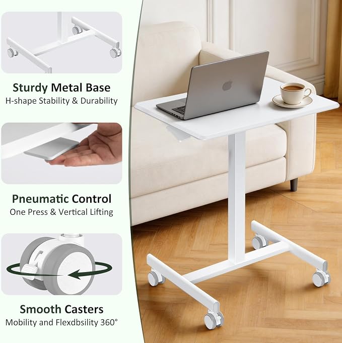 Mobile Standing Desk Adjustable Height, Rolling Sit-Stand Laptop Desk with Lockable Casters, Portable Compact Computer Table for Home Office Dorm, White