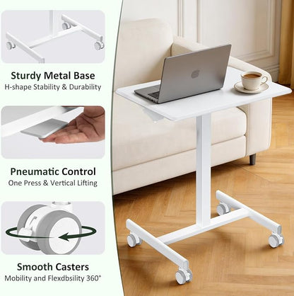 Mobile Standing Desk Adjustable Height, Rolling Sit-Stand Laptop Desk with Lockable Casters, Portable Compact Computer Table for Home Office Dorm, White