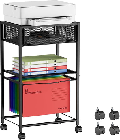 Cawukege 3 Tier Printer Stand, Mobile Table with Wheels, Printer Shelf Rolling Cart with Storage Desk Organizer Hanging File for Office Home, Black