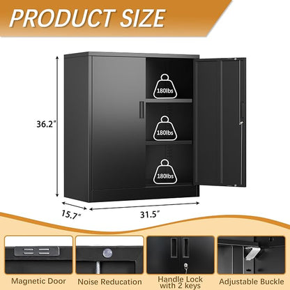Metal Storage Cabinet, 36" H x 32" W x 16" D Locking Storage Cabinet, Metal Storage Cabinet with Locking Doors for Home, School, Office, Garage, Black