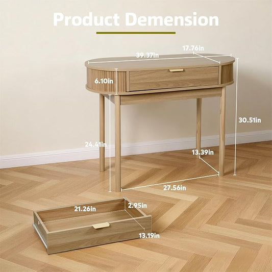 Fluted Small Computer Desk with Drawer, 40 Inch Mid-Century Modern Writing Desk with Solid Wood Legs,Compact Study Table for Small Spaces, Home Office, Bedroom,Walnut