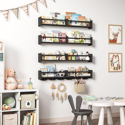 34Inch Nursery Bookshelves,Set of 4,Wall Floating Shelf Kids Coat Rack with 6Hooks,Hanging Book Shelf for Baby Nursery Room Décor ，Patent Number: 29958098(Black, 34)