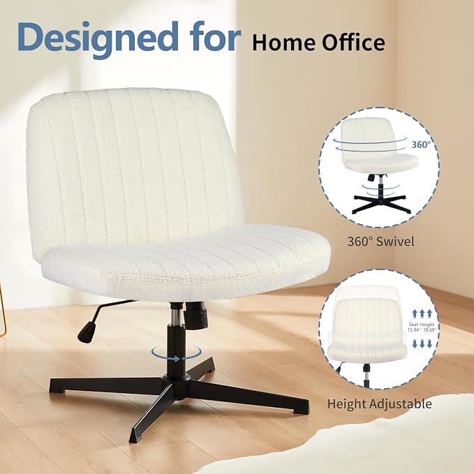 DUMOS Criss Cross Chair No Wheels, Cross Legged Office Desk Armless Vanity Chair Wide Seat, Height Adjustable Swivel Task Computer Chairs for Home Bedroom, Beige Teddy