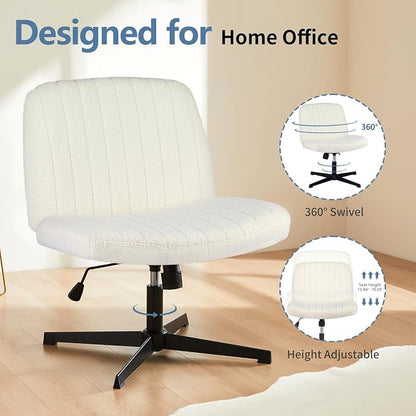 DUMOS Criss Cross Chair No Wheels, Cross Legged Office Desk Armless Vanity Chair Wide Seat, Height Adjustable Swivel Task Computer Chairs for Home Bedroom, Beige Teddy