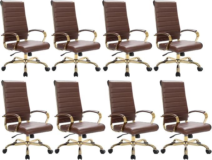LeisureMod Modern High-Back Leather Office Chair - Swivel & Adjustable Executive Desk Chair with Gold Frame, Ergonomic Design for Home & Office (Brown, Set of 8)